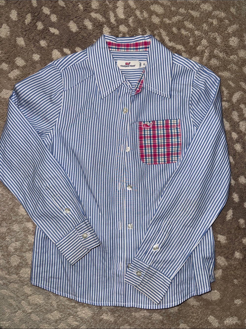 Vineyard Vines Blue and White Stripe Shirt with Pink Plaid Pocket
